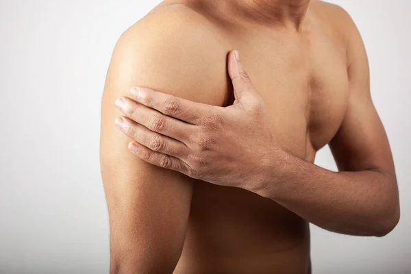 Man Clutching His Shoulder Zone Injury Pain Rear Deltoids Isolated — Stock Photo, Image