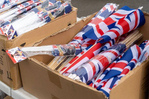 Union Jack Flagi Sprzedaży Stoisku Rynkowym Wielkiej Brytanii Przed Jubileuszem — Zdjęcie stockowe