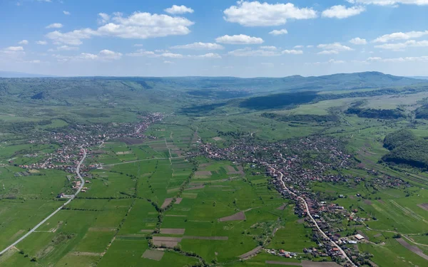 Vista Aérea Uma Paisagem Com Campos Aldeias Transilvânia Roménia — Fotografia de Stock