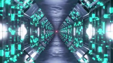 A 3D rendering animation of a fantasy sci-fi corridor with fast flowing energy graphics background