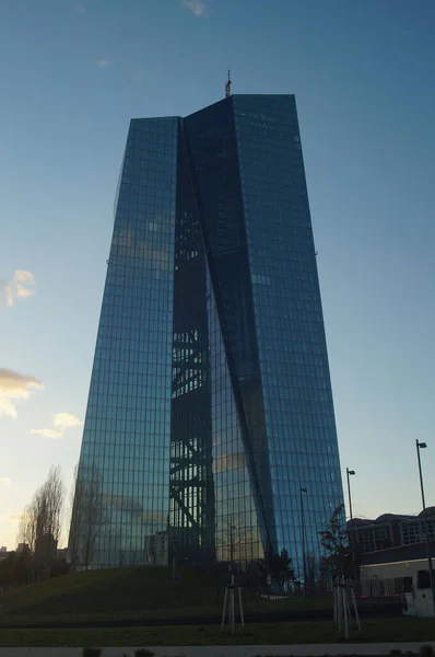 Silhouette European Central Bank Frankfurt Germany Winter Evening Light Glass — Stock Photo, Image