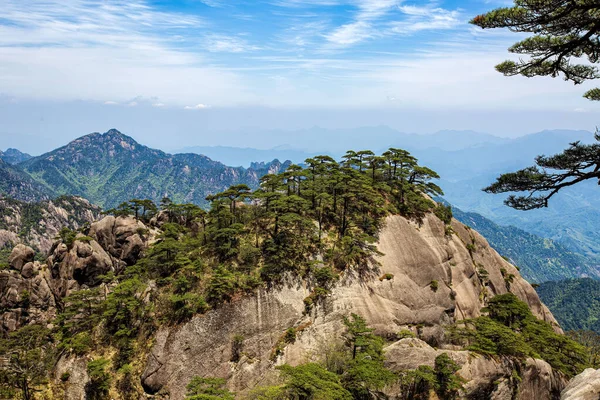 Huangshan Dağı 'nın manzarası Anhui, Çin' de mavi gökyüzüne karşı ağaçlarla kaplı.