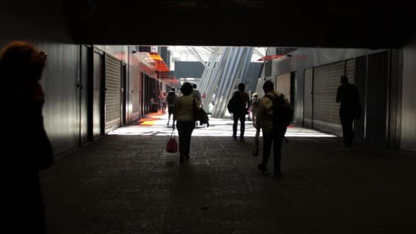 Achteraanzicht Van Mensen Die Een Ondergrondse Voetgangersoversteek Lopen — Stockvideo