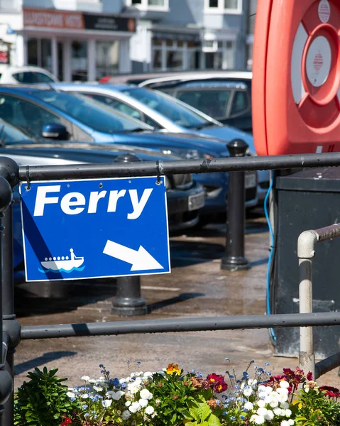 Closeup Blue Sign Saying Ferry Boat White Arrow Hanging Metal — Stock Photo, Image