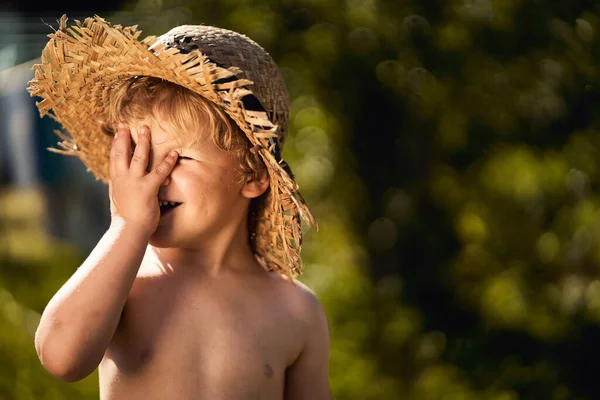 Blond Caucasian Little Boy Straw Hat Sunny Day Laughing His — Stock Photo, Image