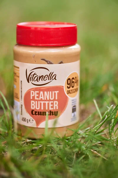 Vertical Closeup Vitanella Brand Peanut Butter Glass Jar Green Grass — Stock Photo, Image
