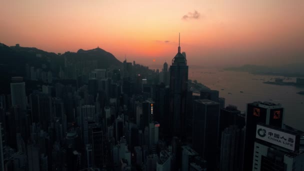 Вид Воздуха Порт Городской Пейзаж Гонконга Закате — стоковое видео
