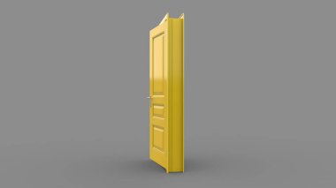 Açık, kapalı kapının yaratıcı çizimi, girişi gerçekçi sarı kapı girişi. Arka planda 3 boyutlu illüstrasyon.