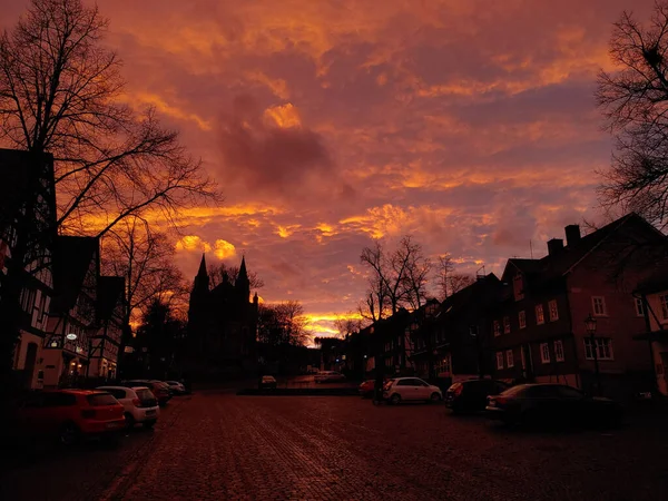 February 2022 Hilchenbach Nrw Germany Dramatic Vibrant Orange Sky Sunset — Stock Photo, Image