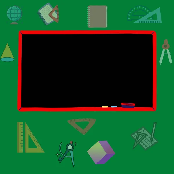 Educational template with blackboard and geometry shapes on green background