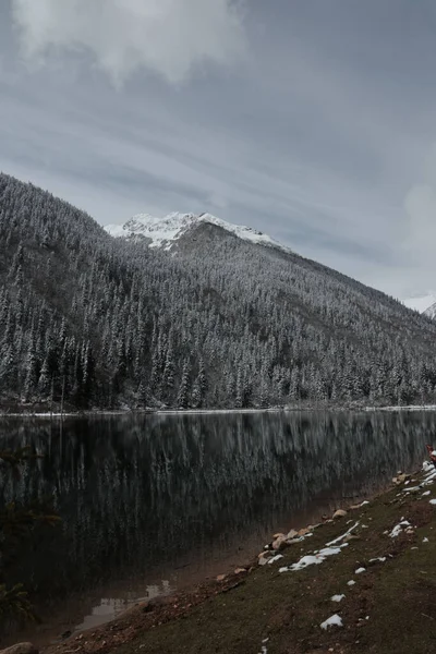 Sebuah Gambar Vertikal Dari Danau Yang Mencerminkan Lereng Gunung Bersalju — Stok Foto