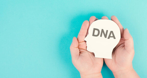 Holding a head with the word DNA, genetic therapy and treatment, biotechnology in mordern medicine, health care