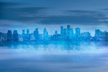 soyut bilgisayar ağı ve geceleri şehir manzarası ile 5g internet bağlantısı kavramı.