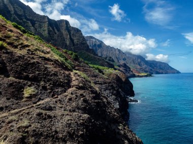 The Kalalau Trail, an 11-mile hiking and backpacking trail, on the Na Pali coast of the island of Kauai, Hawaii. clipart