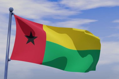 A 3D render illustration of a flag of Guinea-Bissau with chrome pole in blue sky waving in the wind