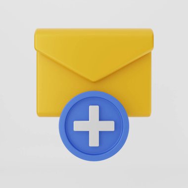 A 3d rendering of a yellow envelope with a blue plus sign icon on the bottom - mail