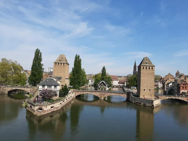 Aerial View Two Towers Ponts Couverts Medieval Bridges Strasbourg France — Stock Photo, Image