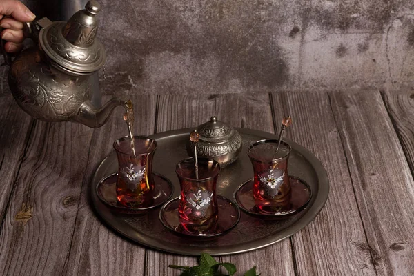 Serving Hot Moorish Tea Tray Glasses Pitcher Wooden Table — Stock Photo, Image