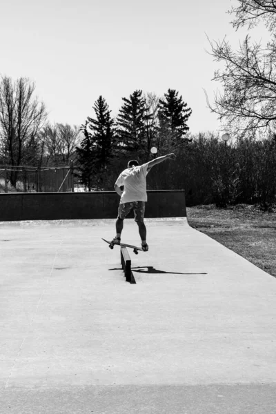 Vertical Grayscale Shot Back View Young Man Performing Boardslide Trick — Foto Stock