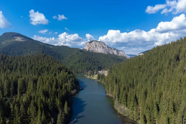 Landscape with Red Lake - Romania in summer, green, blue sky