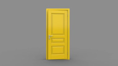 Açık, kapalı kapının yaratıcı çizimi, girişi gerçekçi sarı kapı girişi. Arka planda 3 boyutlu illüstrasyon.