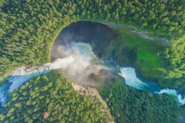 A drone view of Helmcken Falls in the Wells Gray National Park, British Columbia, Canada