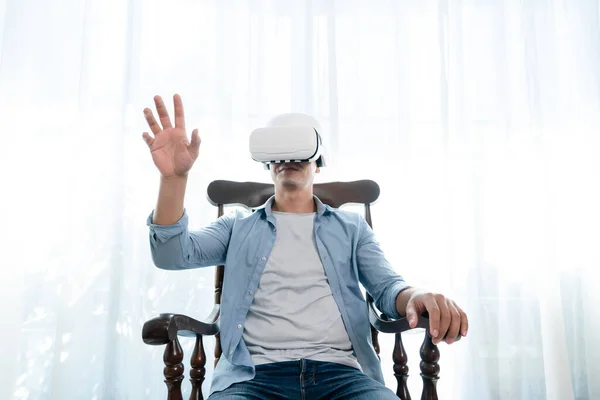 Happy Man Headset Sitting Chair Enjoying Virtual Reality Experience Bedroom — Stok fotoğraf