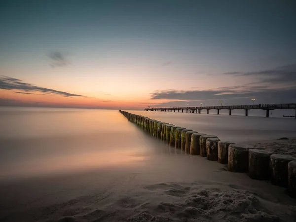 Beautiful View Wooden Breakwaters Background Pier Baltic Sea Sunset Poland — Stock Photo, Image