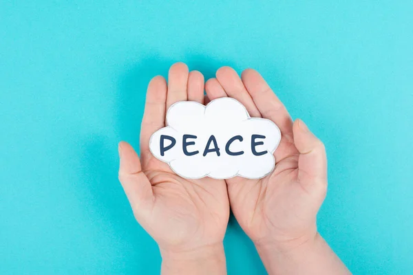 Holding Cloud Word Peace Hands Stop War Support Living Peaceful — Stok fotoğraf