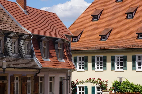 Beautiful Shot Red Tile Roof Buildings Wooden Gabled Dormer Windows — Stock Photo, Image