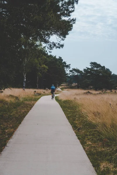 緑の木のある公園で自転車に乗っている人の垂直ショット — ストック写真