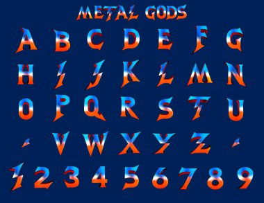 An illustration of a lightning-styled gradient alphabet and numbers set on a blue background.