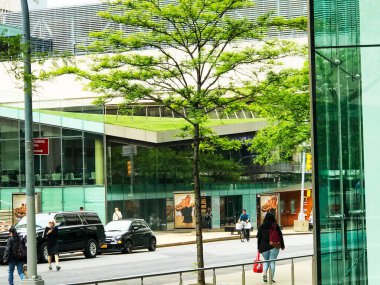 A view of cityscape New York with cars in drive in background of building