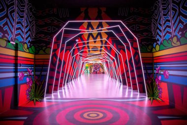 pink and red artwork with light tunnel