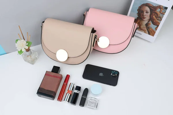 Set Decorative Cosmetics Women Bag Iphone White Table — Stock Photo, Image