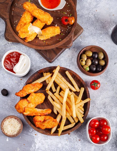 Vertical Top View French Fries Crispy Chicken Mozzarella Sticks Various — Stock Photo, Image