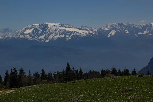 Beautiful Green Landscape Field Alpine Mountains Distance Blue Sky Vercors — Fotografia de Stock