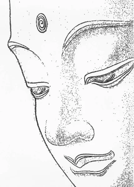 A vertical shot of a pen drawing of buddha on a white background