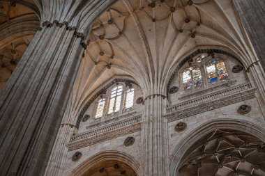 A closeup of the late Gothic architecture inside the sixteenth-century cathedral of Salamanca, Spain