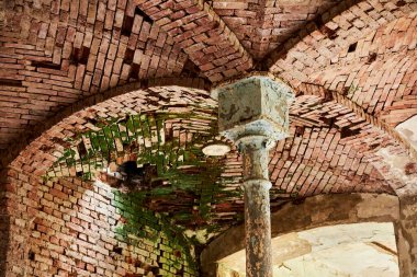 A view of a pavilion's stone ceiling covered with moss and a white pillar in the middle