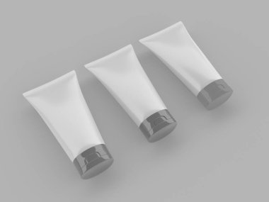 Sağlam bir arka planda beyaz kozmetik şişelerin üç boyutlu bir çizimi