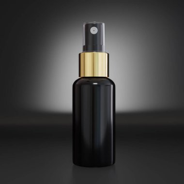A 3D illustration of a black cosmetic bottle on a dark background