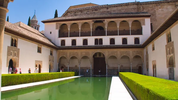 A beautiful view of rectangular garden in the Court of the Myrtles, Alhambra palace complex, Granada, Spain