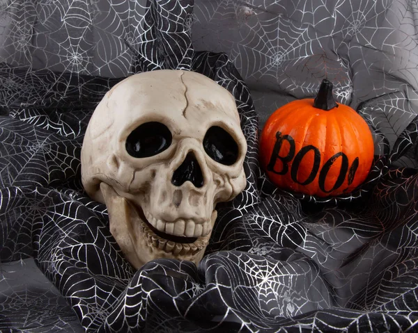 Scary Grinning Skull Boo Pumpkin Halloween Decor Silver Cobwebs Black — Stok fotoğraf