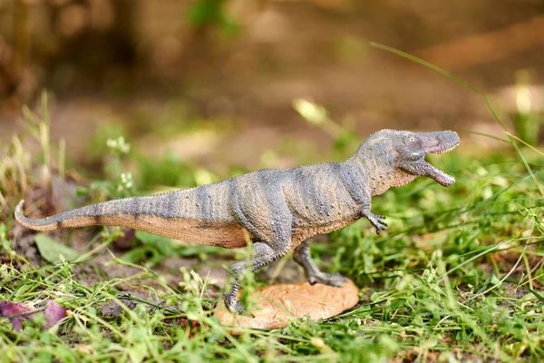 Closeup Shot Tyrannosaurus Rex Dinosaur Toy Figurine Green Grass Outdoors — Stock Photo, Image