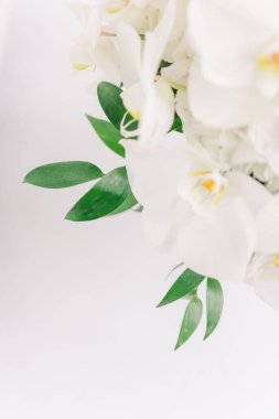 Yeşil yapraklı beyaz orkidelerden oluşan güzel bir buketin dikey yakın çekimi.