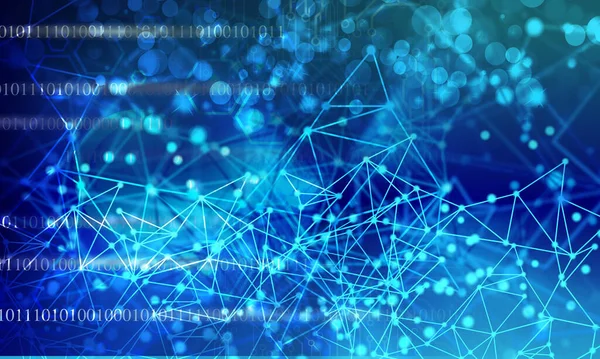 An illustration of a blue abstract digital background with code numbers and connection lines