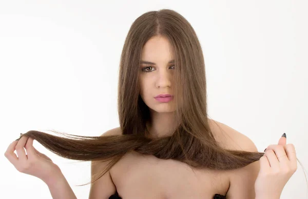 Portrait Sad Caucasian Female Hair Tied Knot Isolated White Background — Stock Photo, Image