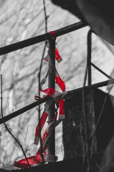Red White Barrier Tape Railing Found Lost Place Black White —  Fotos de Stock