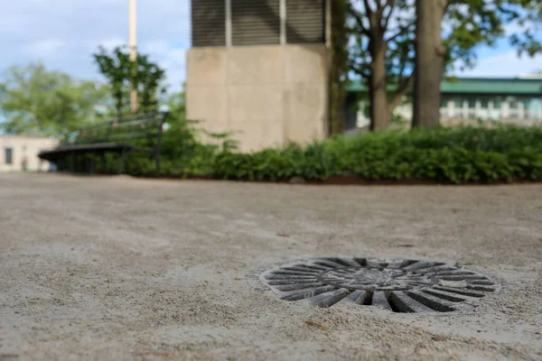 Closeup Sewer Drain Sandy Walkway Green Shrubs Grass — Foto Stock